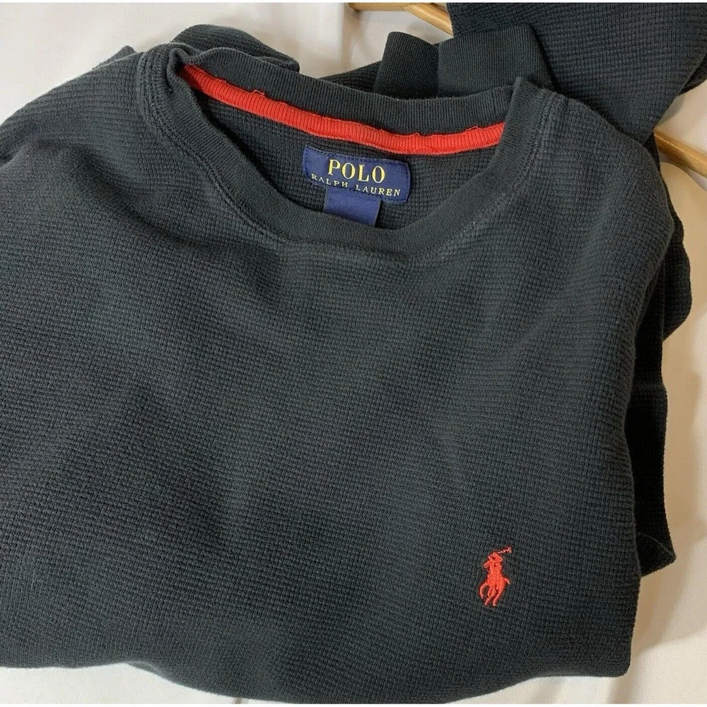Polo Ralph Lauren Waffle T-Shirt XL Black Red Pony Thermal 100% Cotton Long Slev